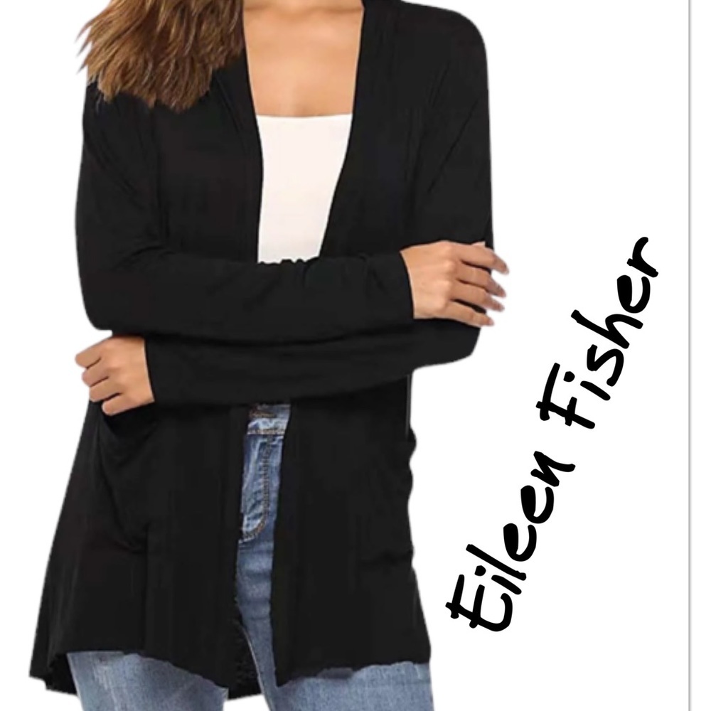 Eileen Fisher Cardigan Topper Light Jacket Black Medium Stretch $318 Duster